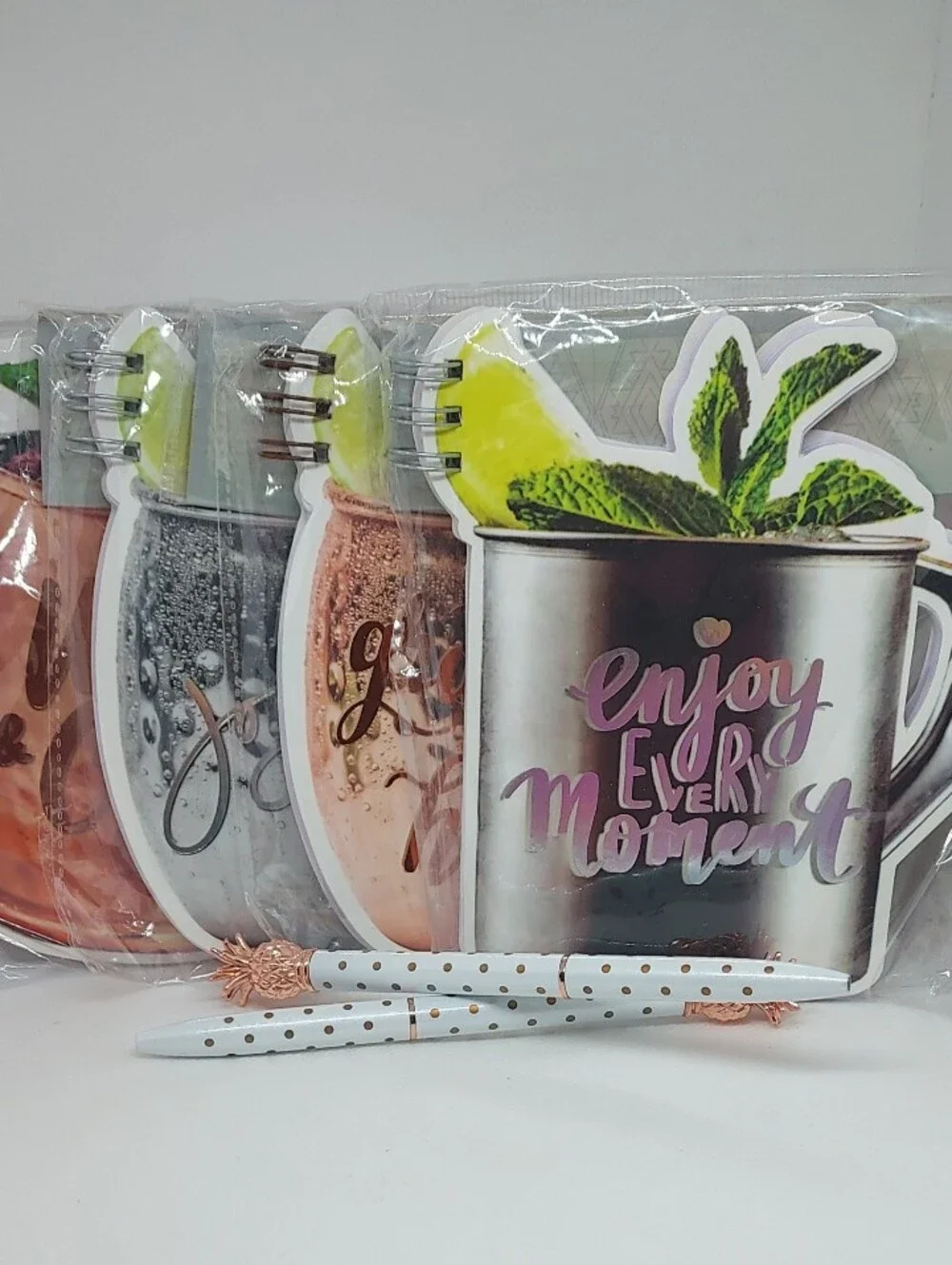 Metallic/Copper Mug Notepad Set with 2 White Polka Dot Pens  NWT